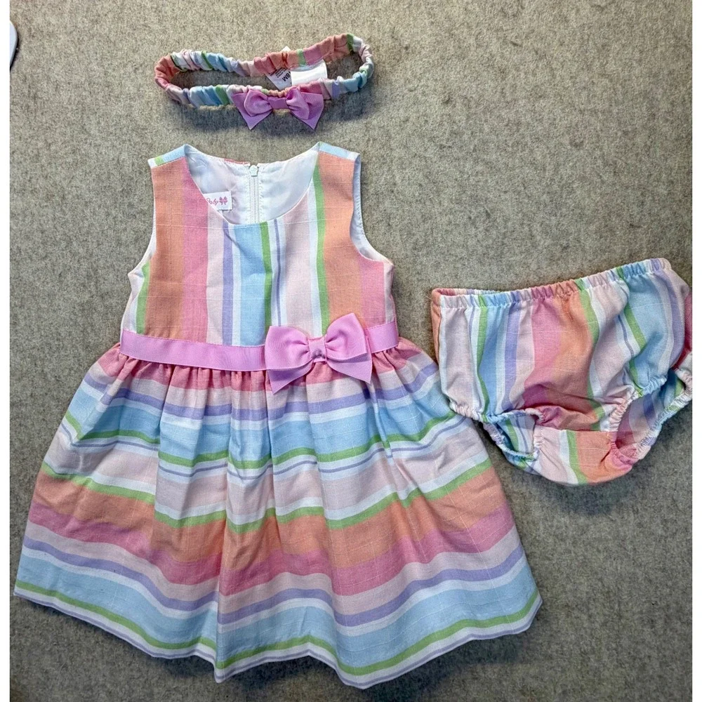 Bonnie Baby 3 Piece Dress Set Baby 18M Striped Bow Headband Diaper Cover